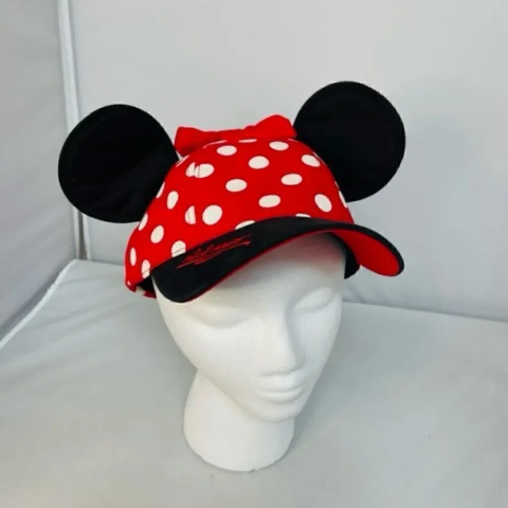 Disney Minnie Mouse Polka Dot Baseball Hat Cap Bow W/ Ears Red Black White Youth